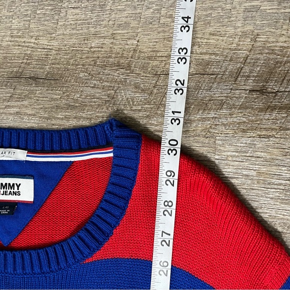 Vintage Tommy Hilfiger Sweater Men's L Striped Red Blue Pullover Knit Y2K 90s - Picture 6 of 8